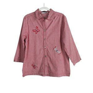 Oleg Cassini Vintage Stretch Dragonflies Gingham Red White Women’s Top Size M